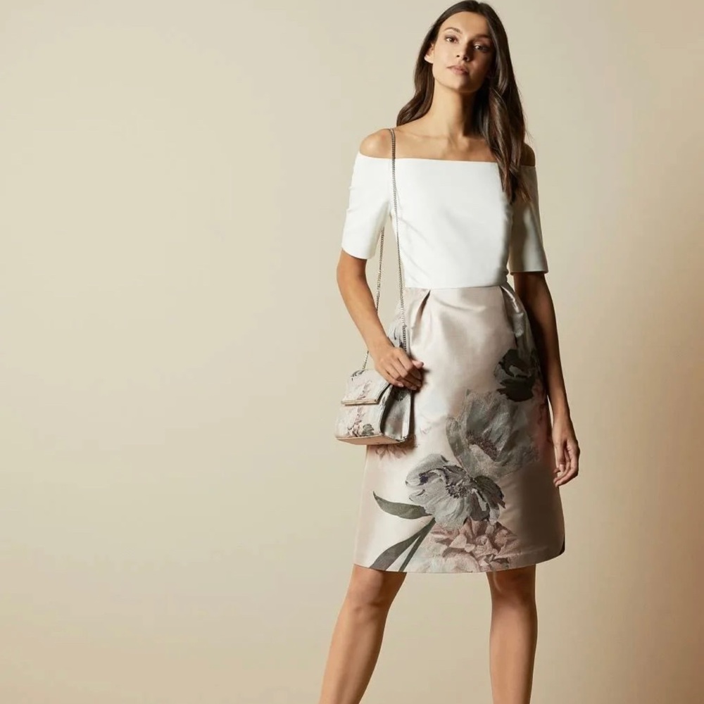 NWT Ted Baker Cathiey Woodland Off The Shoulder Dress, Pale Pink skirt/Cream Top